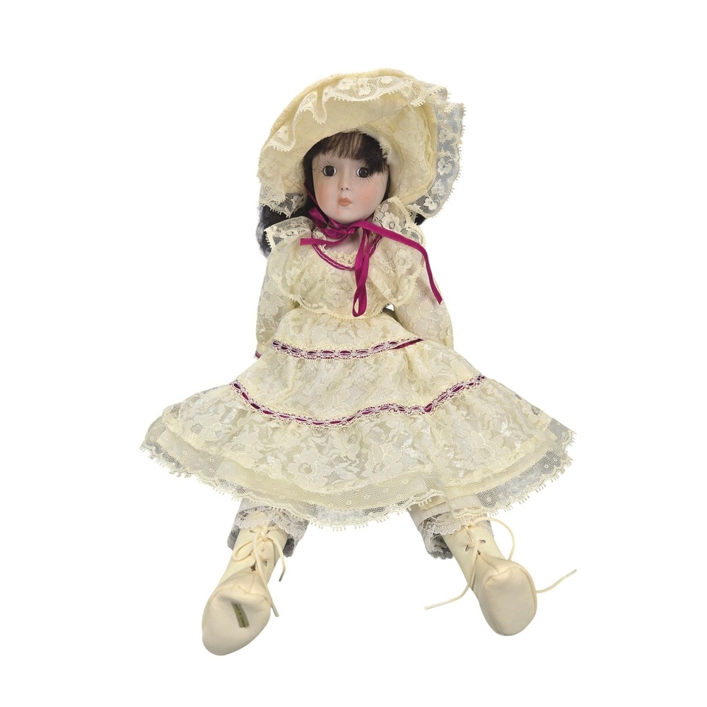 Vintage Heritage Musical Porcelain Doll Cream Lace Victorian Dress Burgundy 17"